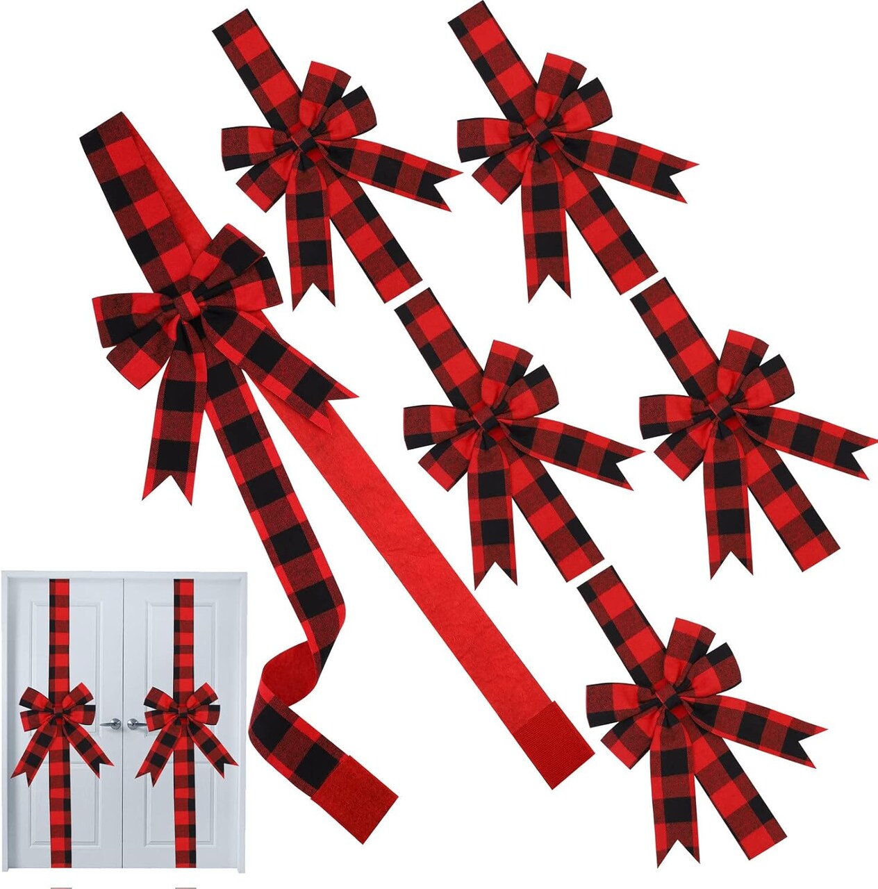 6 Pieces Christmas Door Cabinet Bows Large Christmas Red Buffalo Plaid Ribbons Cabinet Door Bows for Christmas Festive Party Supplies,10 x 87 Inches